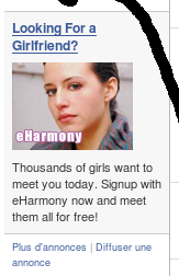 Annonce faussement représentée de eHarmony sur facebook