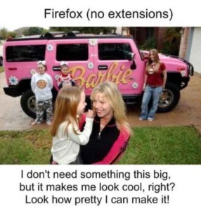 Image intitulée 'Firefox (no extensions)' montrant une Hummer rose surdimensionnée avec l'inscription 'style' et des gens posant devant. En dessous le texte dit 'I don't need something this big, but it makes me look cool, right? Look how pretty I can make it!'