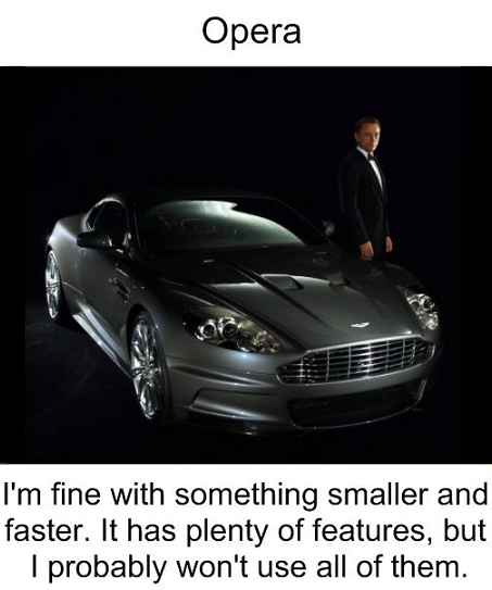 Image intitulée 'Opera' montrant une Aston Martin luxueuse avec un homme en costume à côté. Le texte en dessous dit 'I'm fine with something smaller and faster. It has plenty of features, but I probably won't use all of them.'