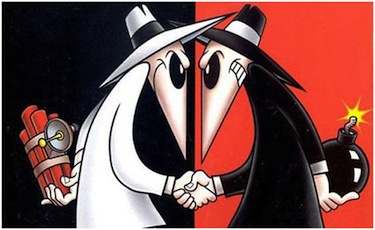 Illustration d’une affiche d’un jeu vidéo illustrant deux espions en duel
