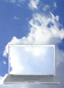 Decorative image of a laptop floating in front of a cloudy sky.