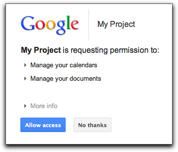 OAuth confirmation modal with Google logo. Asking: My project is requesting permission to: Manage your calendars, manage your documents.