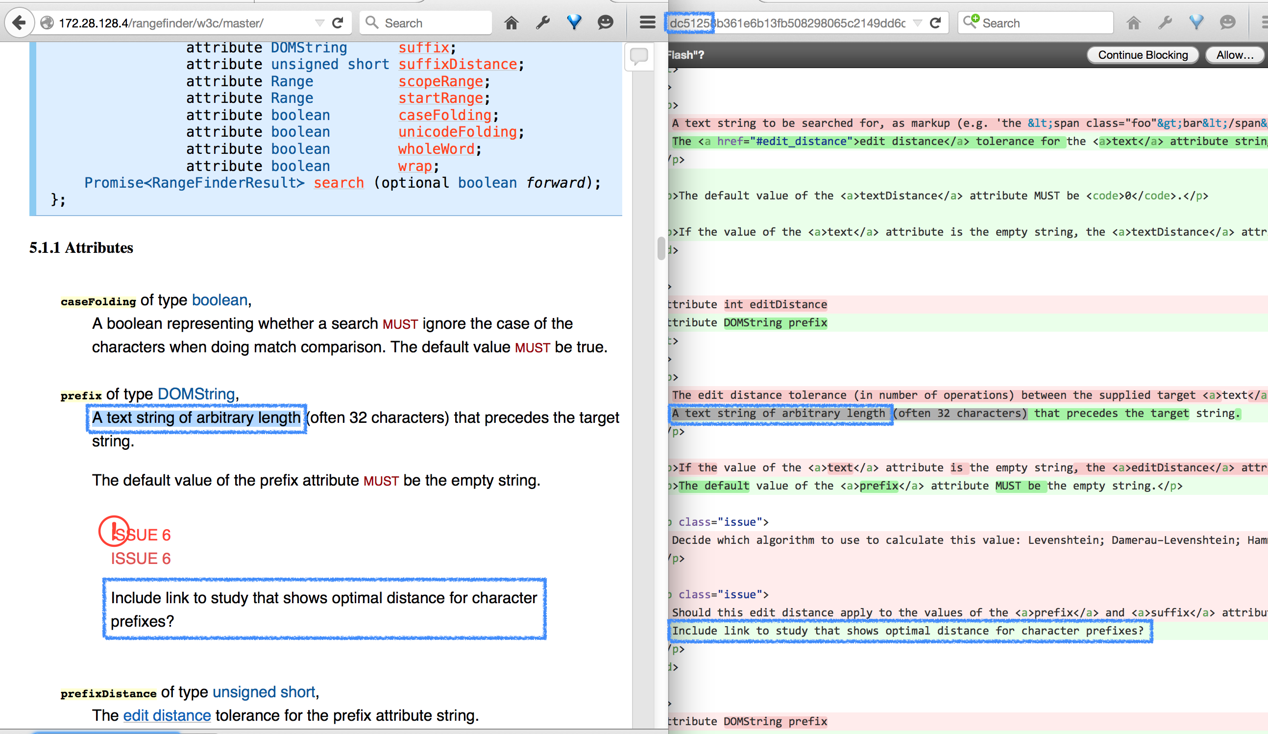 A W3C Specification preview where we can see on the left the specification, and on the right the source highlighting changes in the source