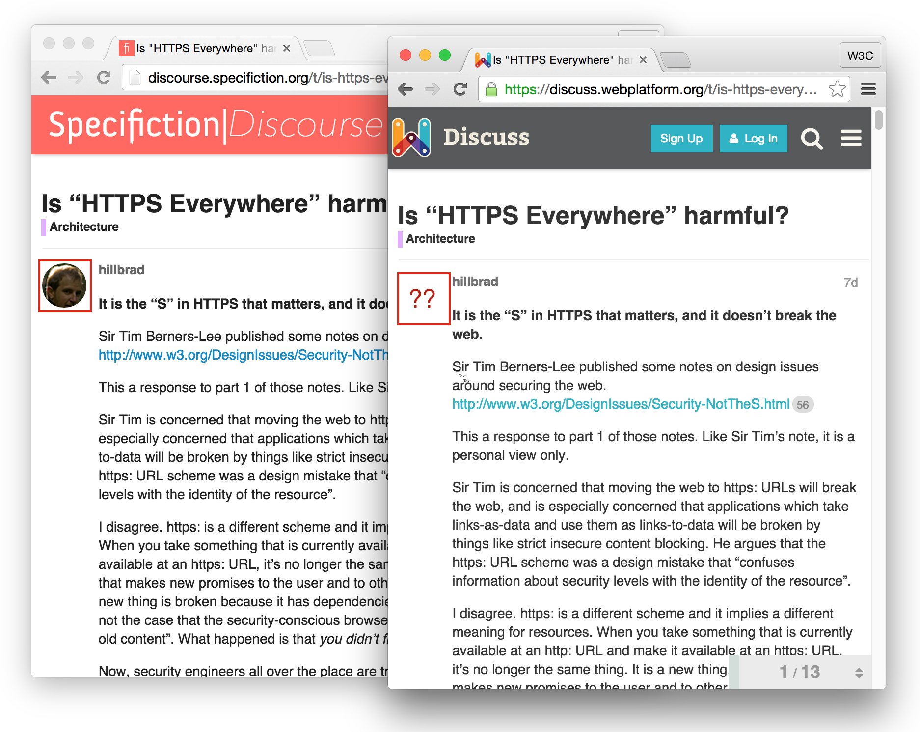 Side by side comparison while working on migrating Discourse with WICG