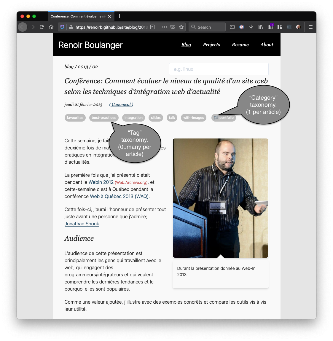 Screenshot demonstrating how the taxonomy module works on a blog post with tags and categories